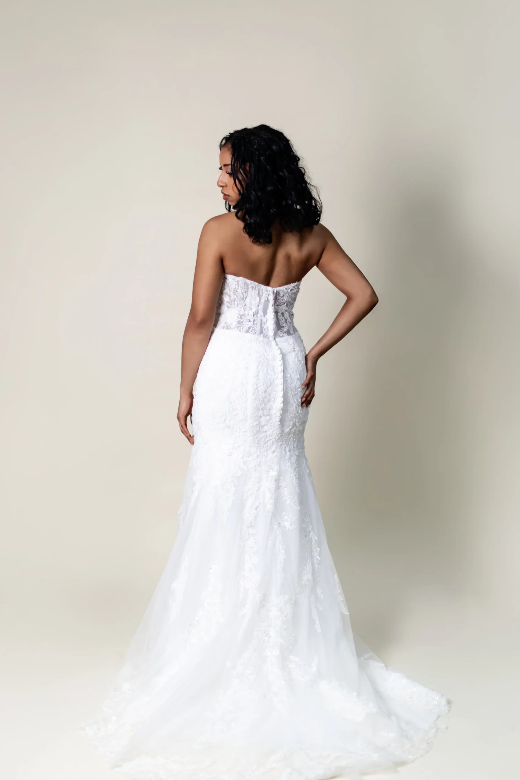 Lindsay mermaid wedding gown with chapel-length lace train back view