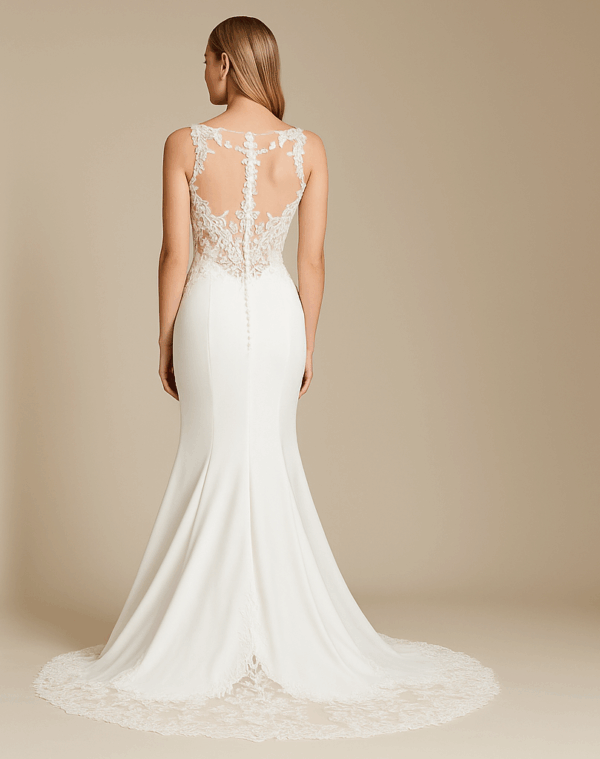 Abigail wedding dress back view – sheer embroidered lace with chapel train