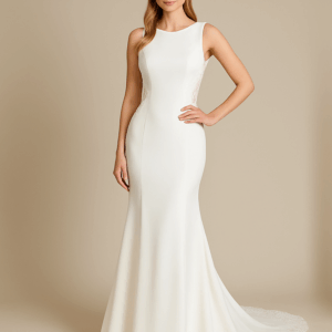 Abigail wedding dress front view – satin fit and flare gown with lace sides