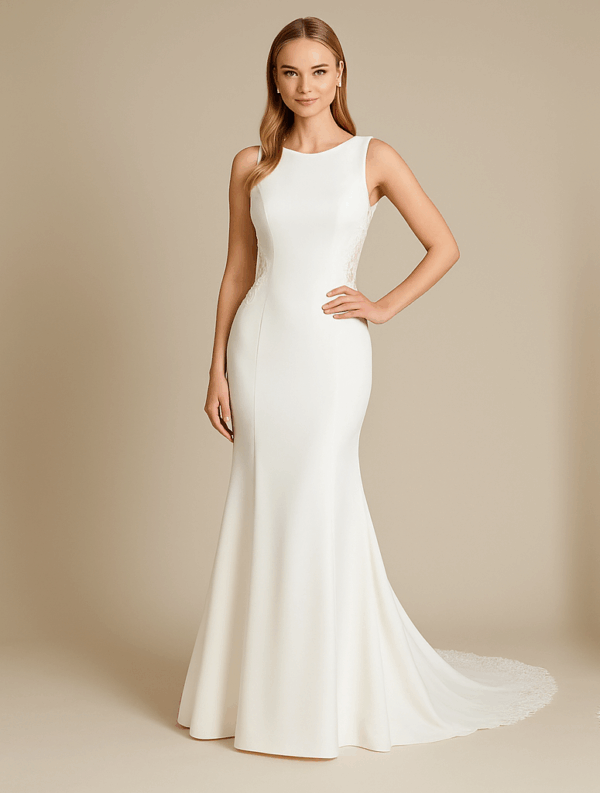 Abigail wedding dress front view – satin fit and flare gown with lace sides