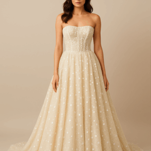 Marian strapless glitter tulle A-line wedding dress with floral appliqué – front view