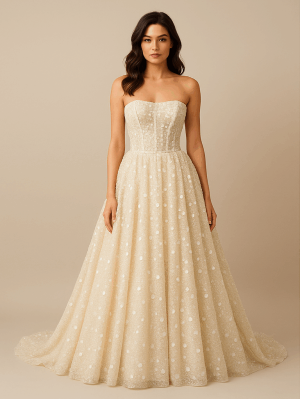 Marian strapless glitter tulle A-line wedding dress with floral appliqué – front view