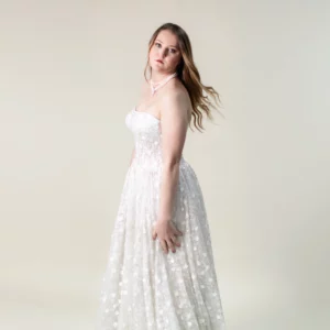 Marian strapless glitter tulle A-line wedding dress with floral appliqué – front view