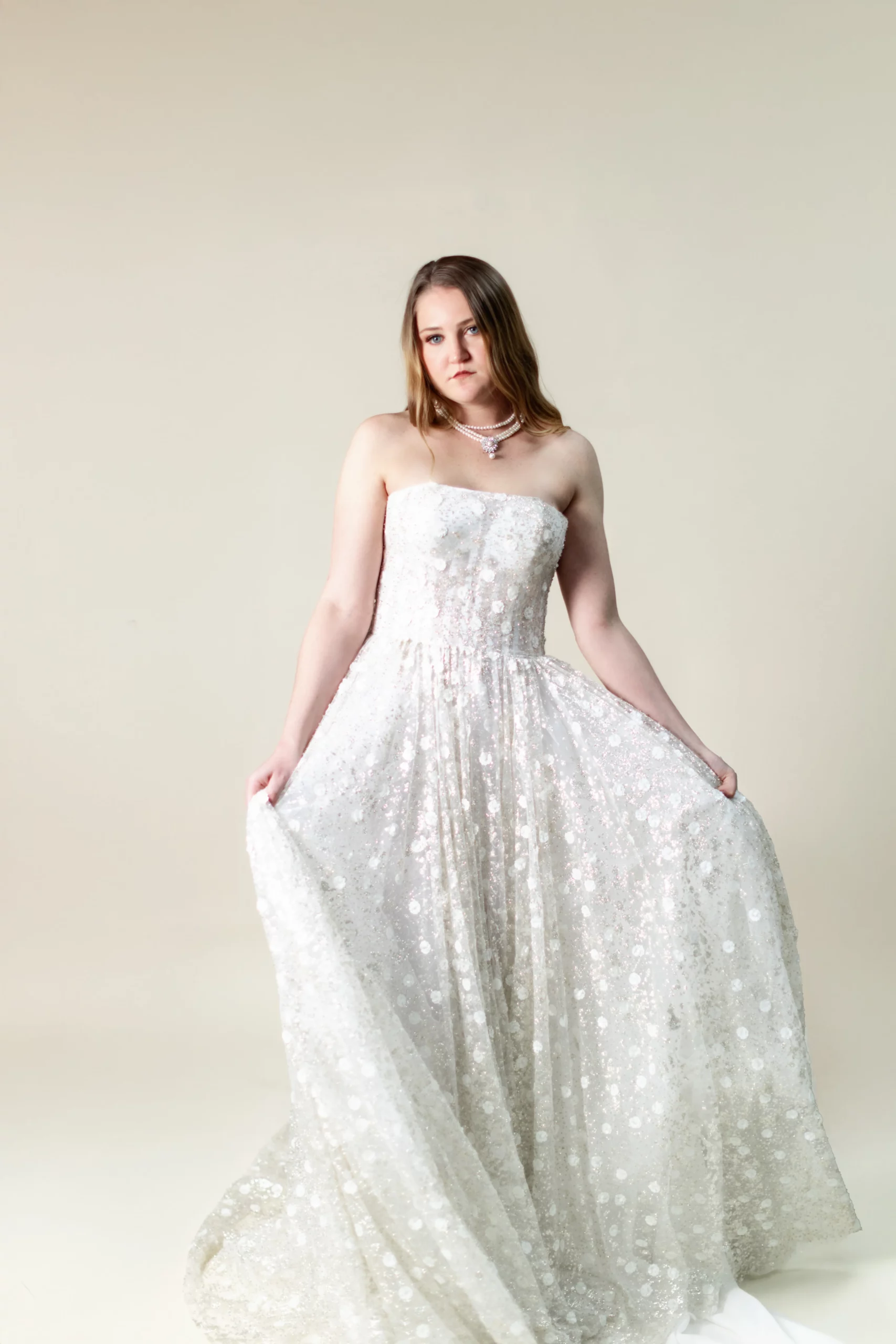 Marian strapless glitter tulle A-line wedding dress with floral appliqué – front view