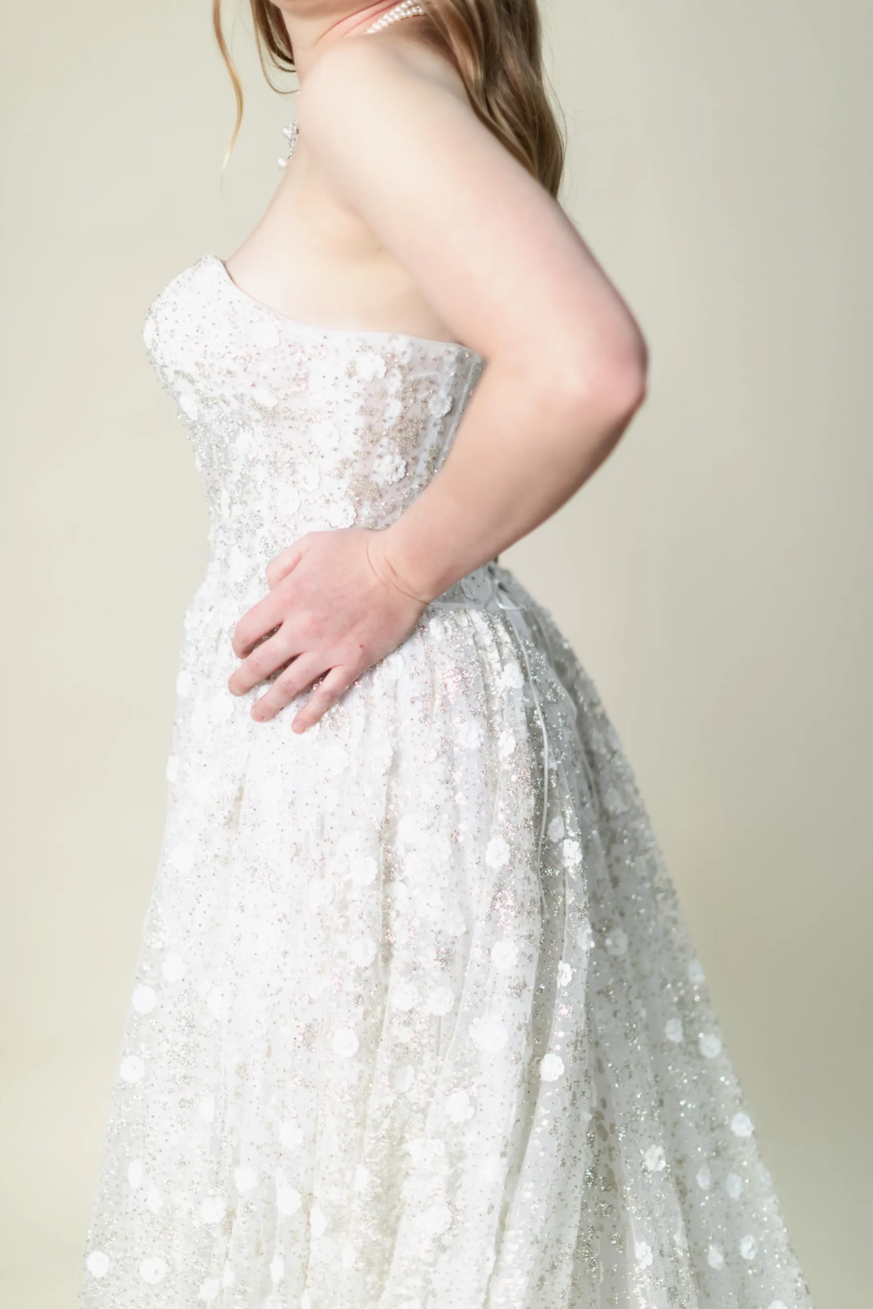 Marian strapless glitter tulle A-line wedding dress with floral appliqué – side view