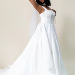 Kate satin ball gown wedding dress with square neckline – side view