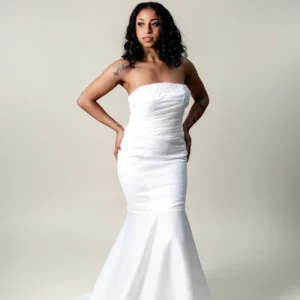 Bride wearing Aisha strapless satin mermaid wedding dress – front view
