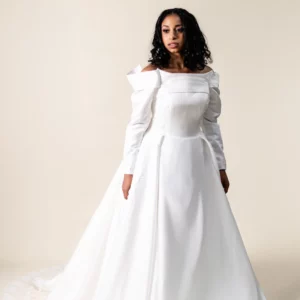 Diana off-shoulder satin ball gown wedding dress – front view
