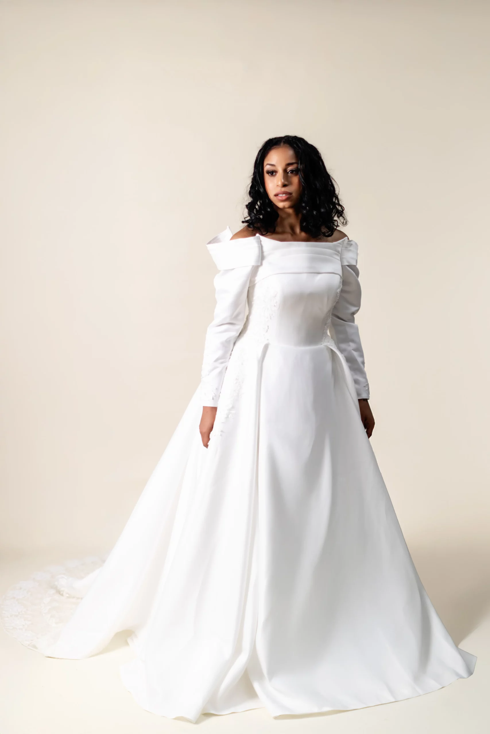 Diana off-shoulder satin ball gown wedding dress – front view