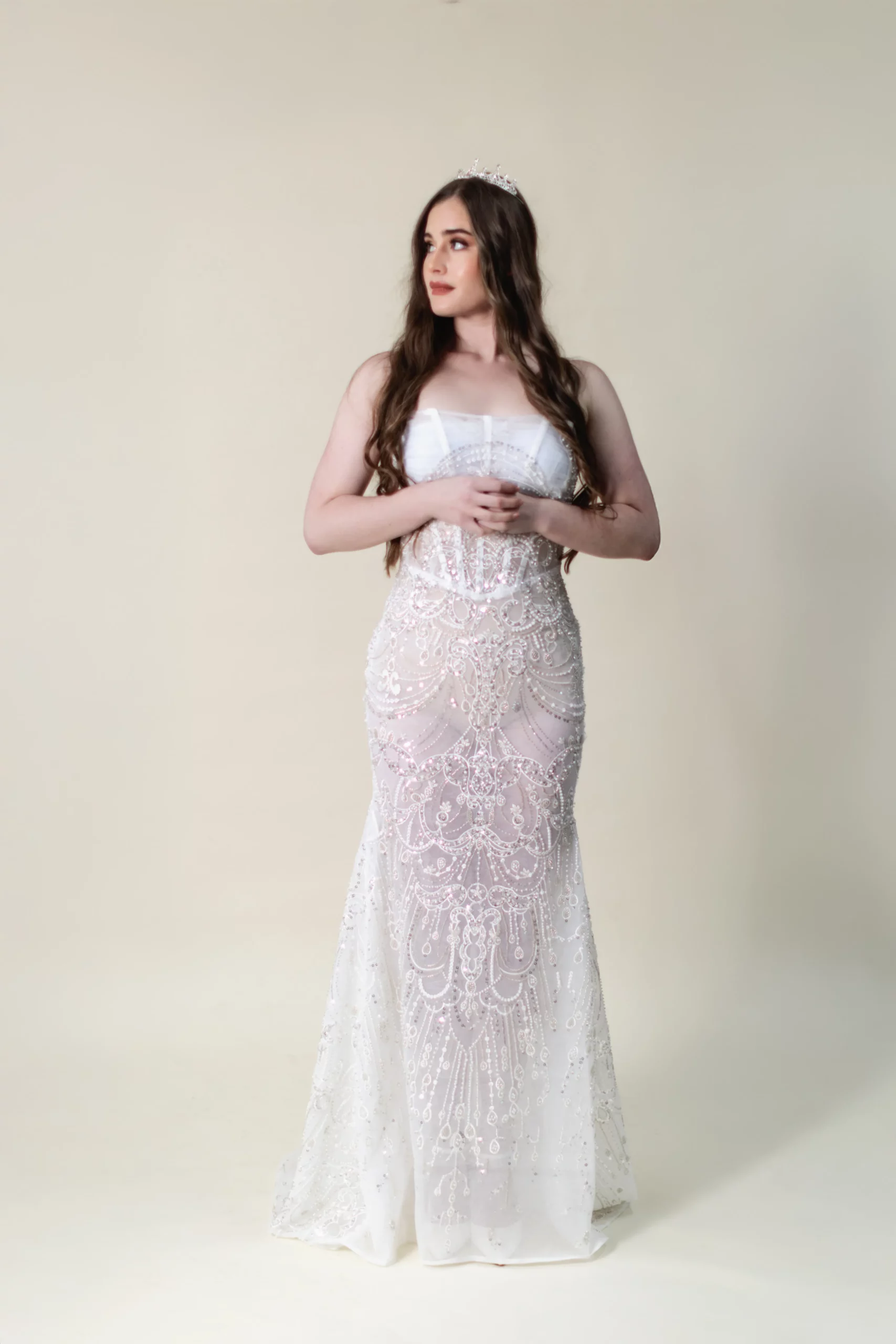 Elegant sweep train with beaded detailing – Celestia wedding dress