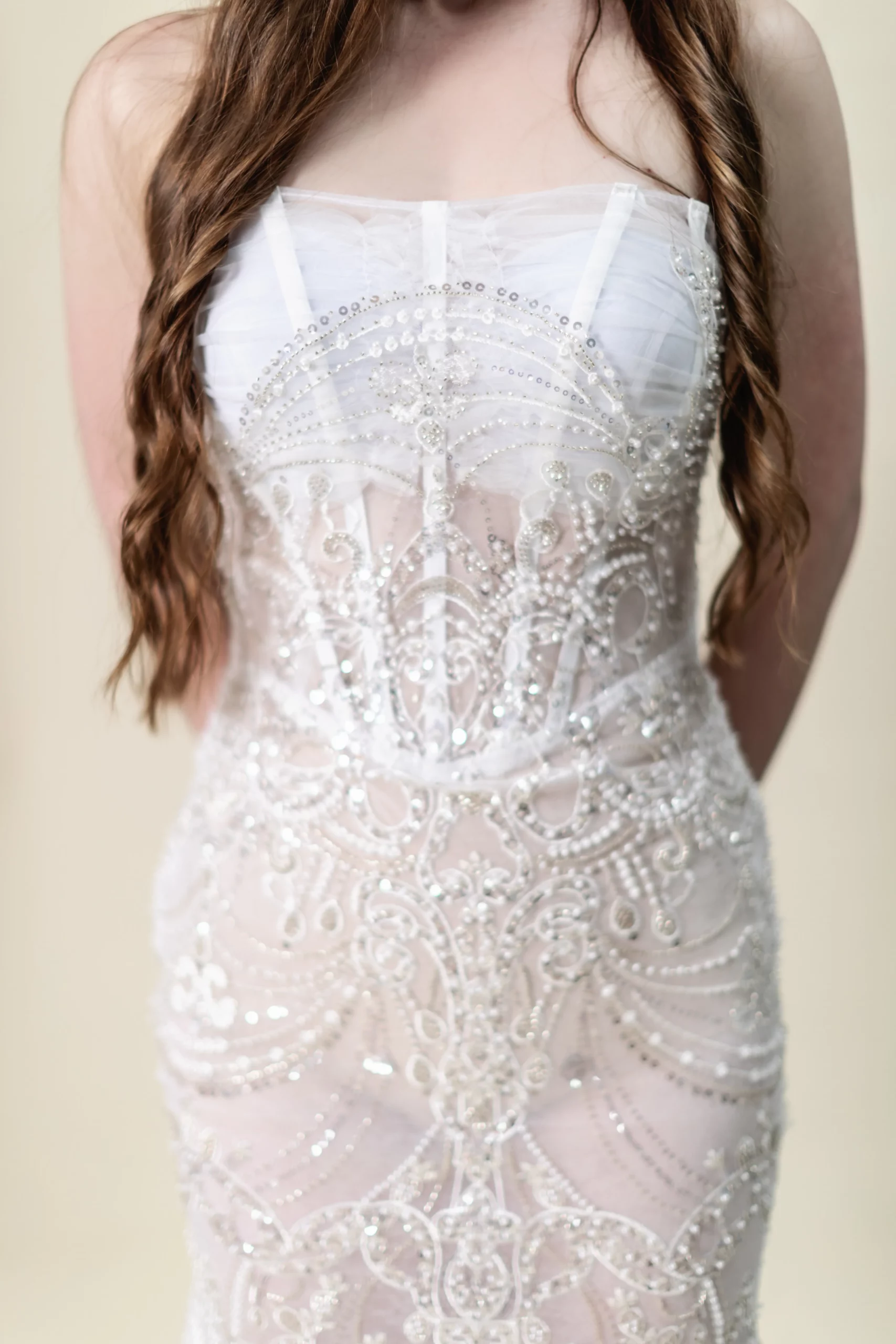 Elegant sweep train with beaded detailing – Celestia wedding dress