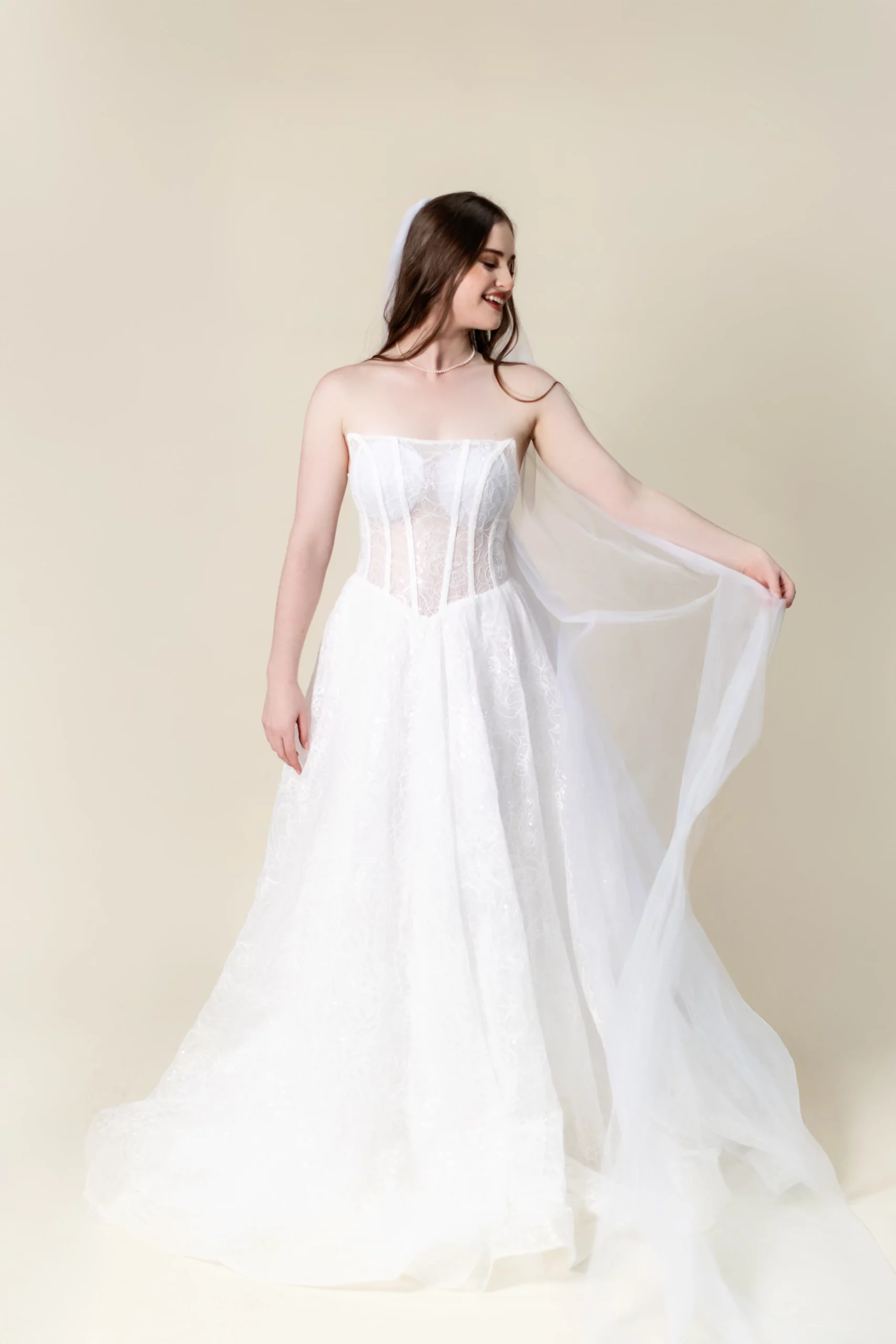 Close-up of sheer corset lace bodice – Arabella gown