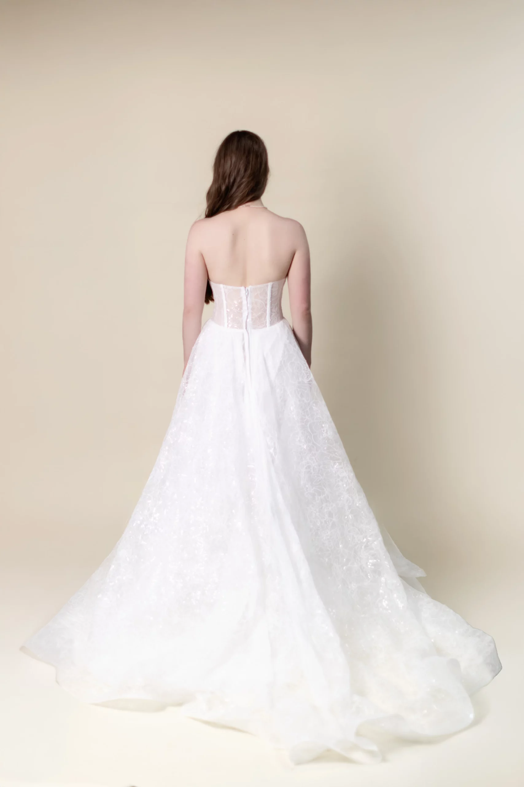 Detail of lace texture and bodice structure – Arabella bridal gown