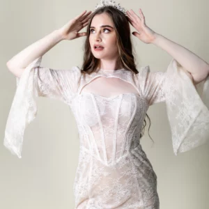 Ophelia lace wedding dress with bell sleeves – front view