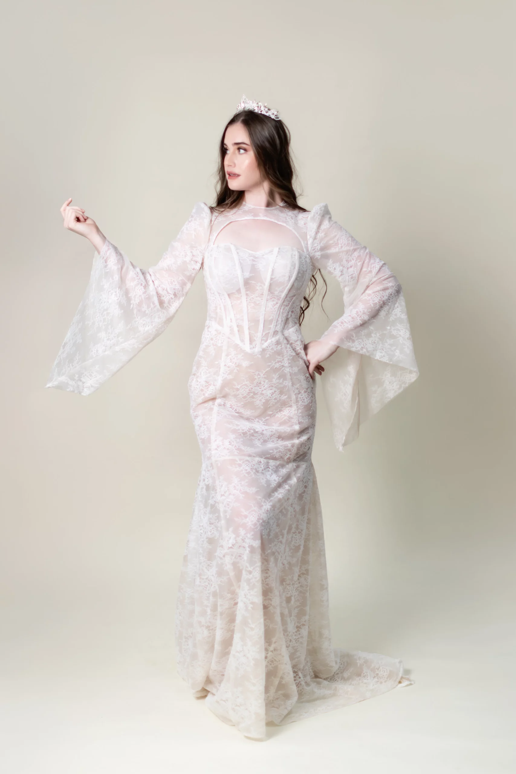 Full-length fit-and-flare silhouette with illusion neckline – Ophelia gown