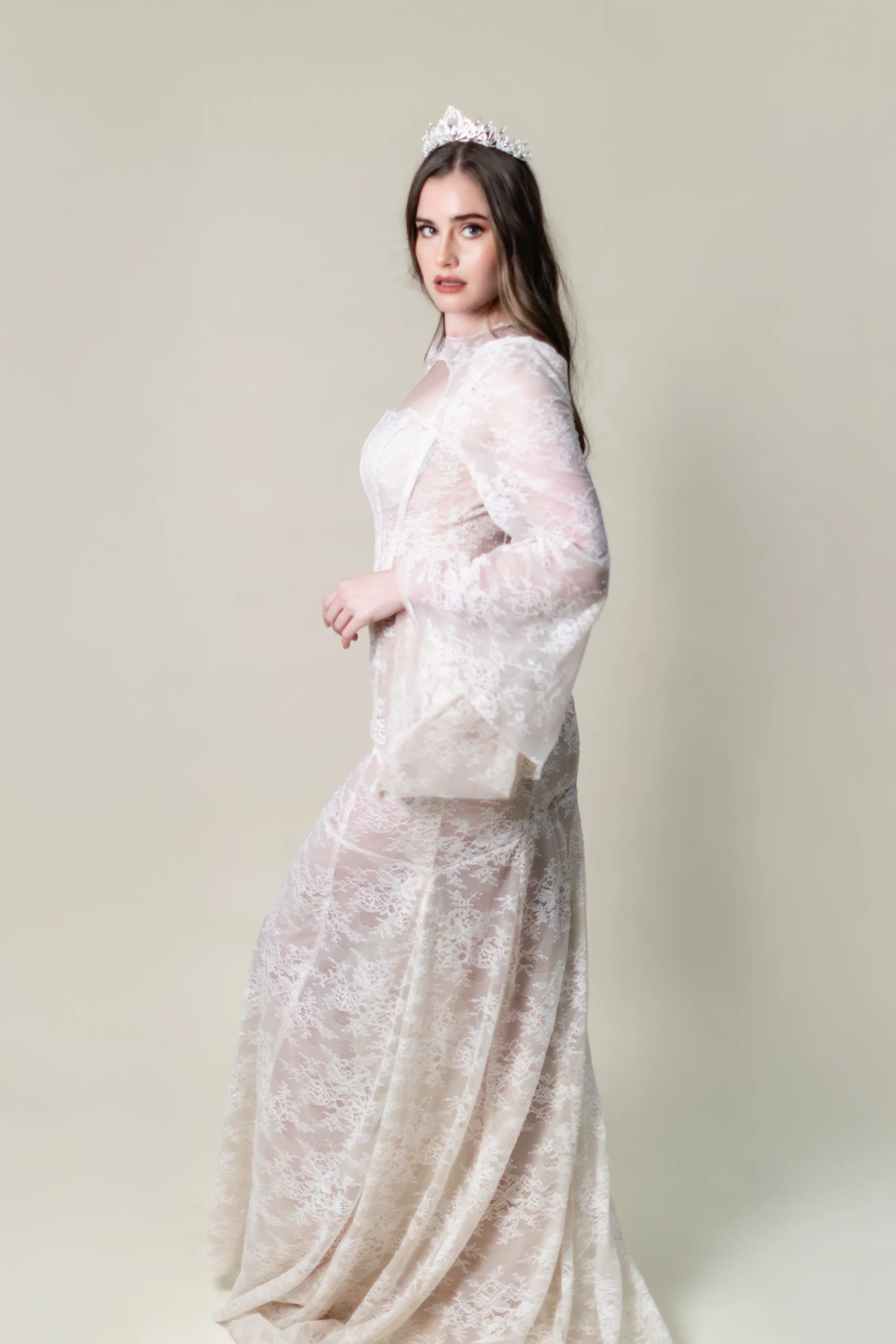 Side view showing bell sleeves and sculpted waist – Ophelia bridal dress