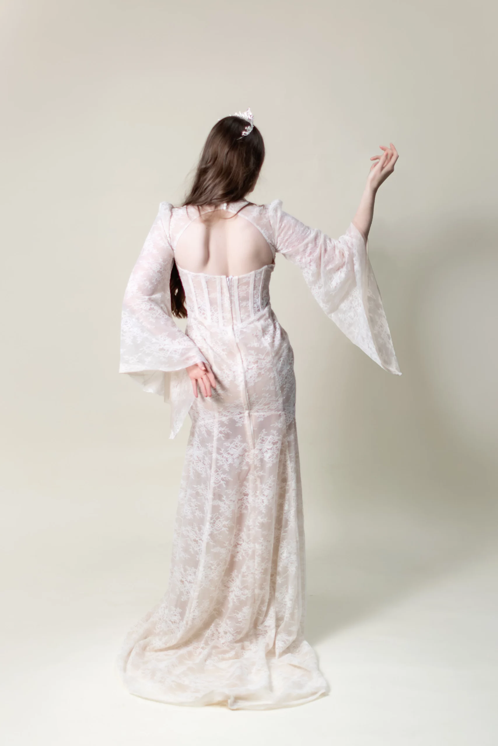 Back view with open detail and sweep train – Ophelia bridal look