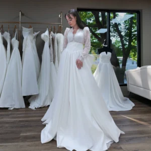 Sylvana long-sleeve lace ball gown wedding dress – front three-quarter view
