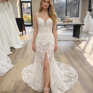 Julie lace fit-and-flare wedding dress – front view with plunging neckline