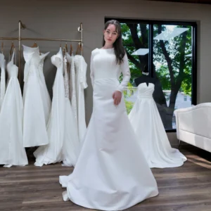 Laura long-sleeve satin wedding dress – full front view