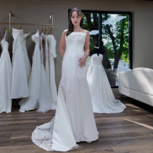 Samantha square-neck satin wedding dress – full front view