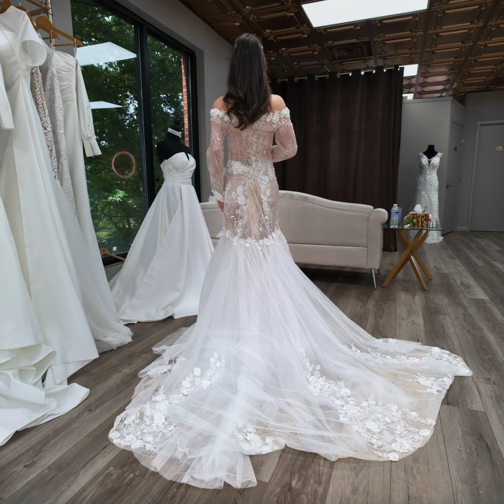 Dhalia long-sleeve lace wedding gown – back view with sweeping train