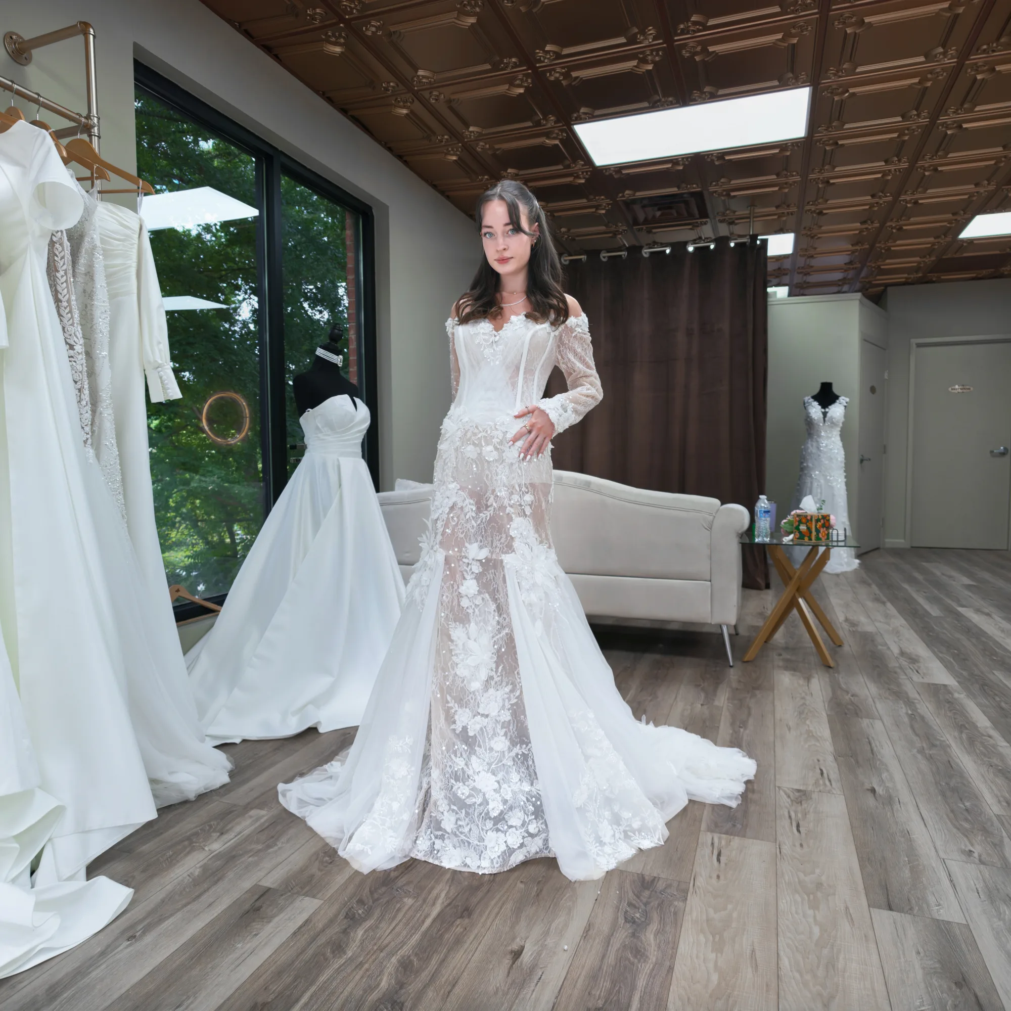 Dhalia off-the-shoulder lace wedding dress – full front view