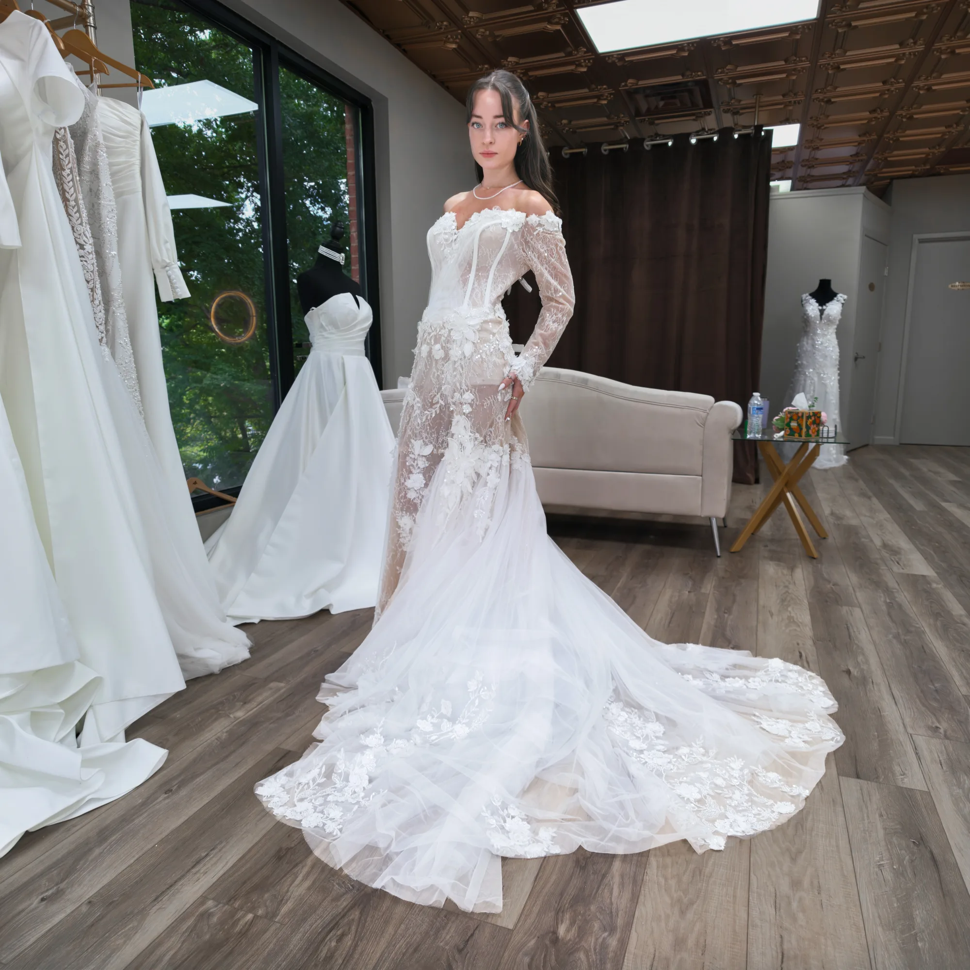 Dhalia fit-and-flare lace bridal gown – front three-quarter view with train